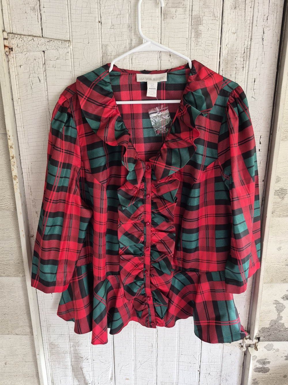 Vintage Red & Green Plaid Ruffle Button-Front Blouse NWT